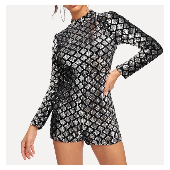 MBM Unlimited Pants - Black Silver Long Sleeve Geometric Sequin Romper